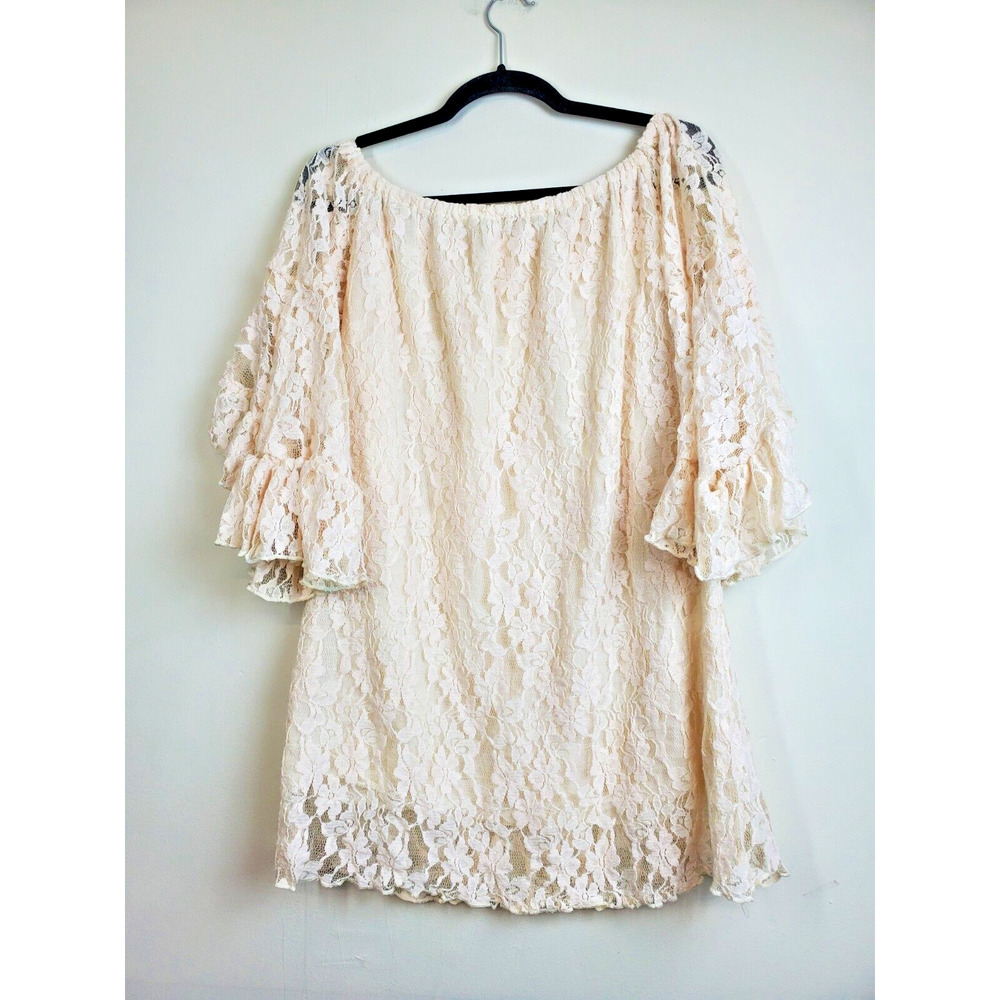 Elan‎ Womens Large Dress Tunic Lace Romantic Mini Off Shoulder Ivory - Picture 6 of 13